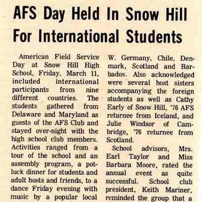 Newspaper clipping, “AFS Day Held in Snow Hill for International Students,” Mar. 17, 1977