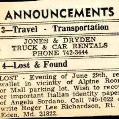 Newspaper clipping, Lost and Found notice (Angela Sordano), 1973