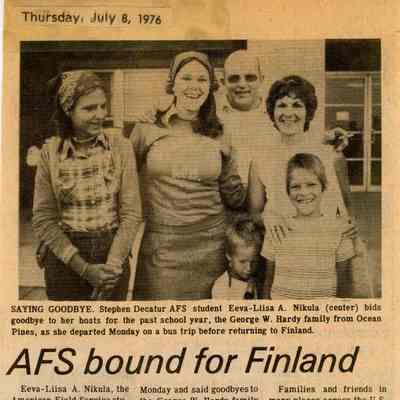 Newspaper clipping, “AFS bound for Finland” (Eeva-Liisa A. Nikula), July 8, 1976