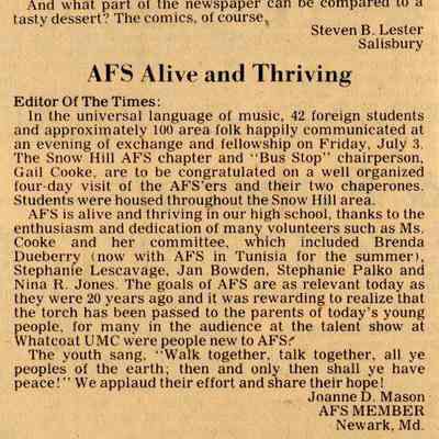 Newspaper clipping, Letter to the Editor “AFS Alive and Thriving,” July 9, 1981