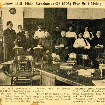 Newspaper clipping, “Snow Hill High Graduates Of 1903; Five Still Living”, June 18, 1953