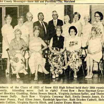 Newspaper Clipping, 50th Reunion of Class of 1923, Snow Hill High School, 1973