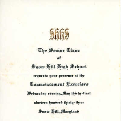 Commencement Invitation, Snow Hill High School, 1933