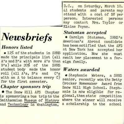 Newsletter clipping, The Eagle, “Newsbriefs” (Carolyn Stutsman)
