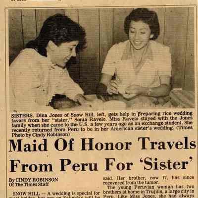 Newspaper clipping, “Maid of Honor Travels From Peru For ‘Sister,’” May 20, 1983