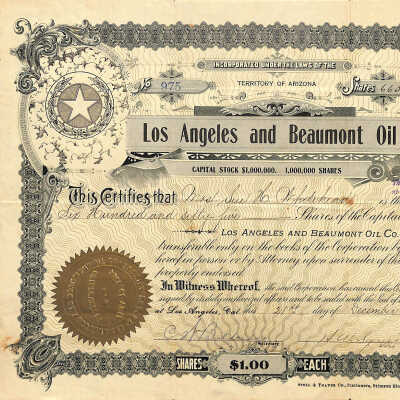 Stock Certificate, Los Angeles and Beaumont Oil Co., 1901