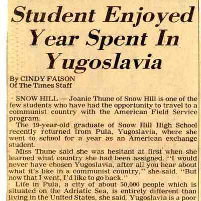 Newspaper clipping, “Student Enjoyed Year Spent in Yugoslavia,” Aug. 22, 1982