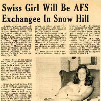 Newspaper clipping, “Swiss Girl Will be AFS Exchangee in Snow Hill” (Christa Mader), Sept. 1973