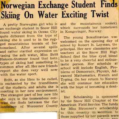 Newspaper clipping, Norwegian Exchange Student Finds Skiing on Water Exciting Twist”