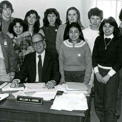 Photograph of William S. Horne and AFS Students including Lilia Palamo, Mar 1982