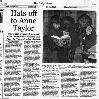 Newspaper clipping, "Hats off to Anne Taylor," Feb. 12, 1993