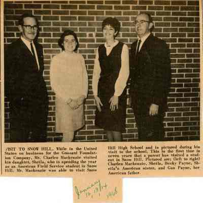 Newspaper clipping, “Visit to Snow Hill” Jan. 12-14, 1968