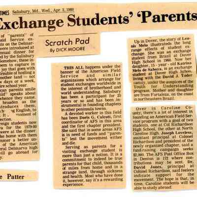 Newspaper clipping, “Exchange Students ‘Parents,’” Apr 1980