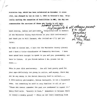 Farm Bureau 65th Anniversary Speech and Notes, 1988
