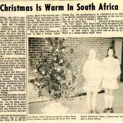 Newspaper clipping, “Christmas is Warm in South Africa,” (Jan Willey), 1971