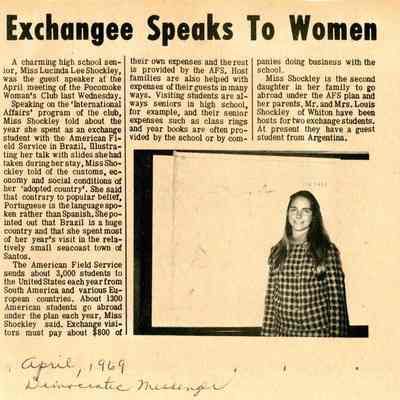 Newspaper clipping, “Exchangee Speaks to Women” (Lee Shockley), Apr. 1969