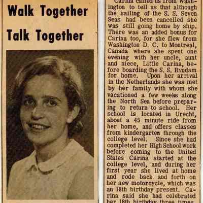 Newspaper clipping, “Walk Together Talk Together” (Carina de Beaufort), Mar. 28, 1968