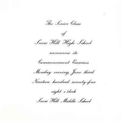 Commencement invitation, Snow Hill High School, Christa Mader, Jun 1974