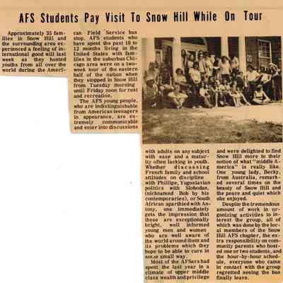 Newspaper clipping, “AFS Students Pay Visit to Snow Hill While on Tour,” July 1974