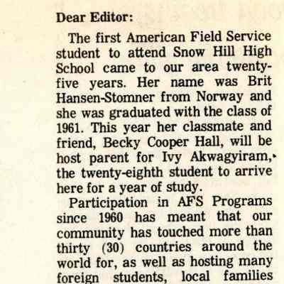 Newspaper clipping, Letter to the Editor from Joanne Mason, Aug. 21, 1985