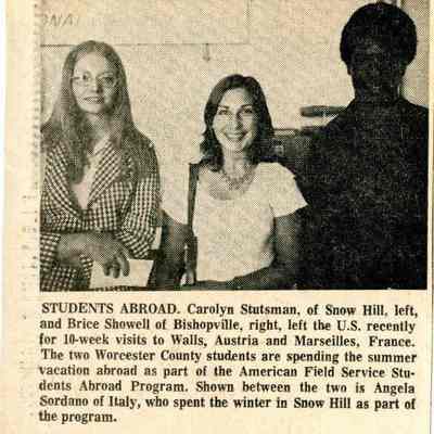Newspaper clipping, “Two Worcester Youths are on Overseas Tour” (Carolyn Stutsman, Brice Showell, Angela Sordano), July 12, 1973