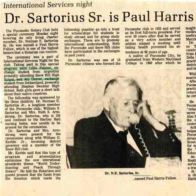 Newspaper clipping, “Dr. Sartorius Sr. is Paul Harris Fellow,” 1981-1982