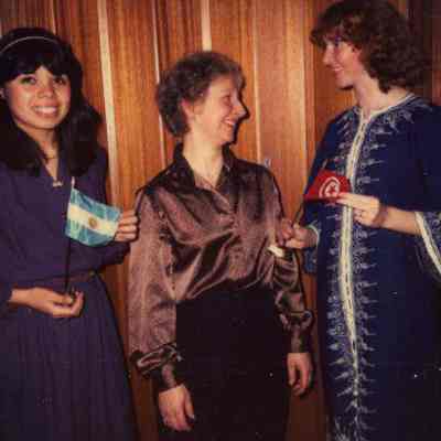 Photograph of Lilia Palamo, Gail Cooke, and Brenda Deuberry at AFS Spaghetti Dinner, Mar 1982