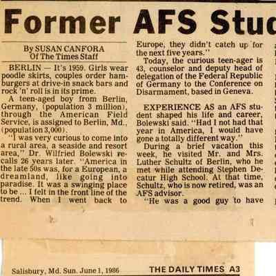 Newspaper clipping, “Former AFS Student Now At UN,” June 1, 1986