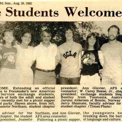 Newspaper clipping, “Exchange Students Welcomed,” Aug 1982