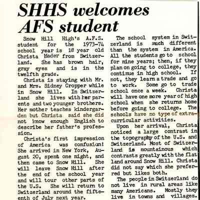 Newsletter clipping, The Eagle, “SHHS Welcomes AFS Student” (Christa Mader), 1973