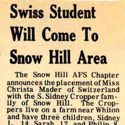 Newspaper clipping, “Swiss Student Will Come to Snow Hill Area” (Christa Mader), July 1973
