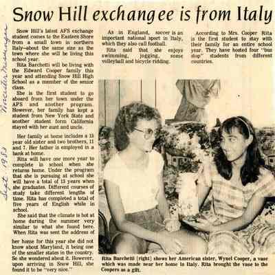 Newspaper clipping, “Snow Hill exchange is from Italy,” Sept. 1983