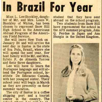 Newspaper clipping, “SHHS Student to be in Brazil for Year” (Lee Shockley), Jan. 18, 1968