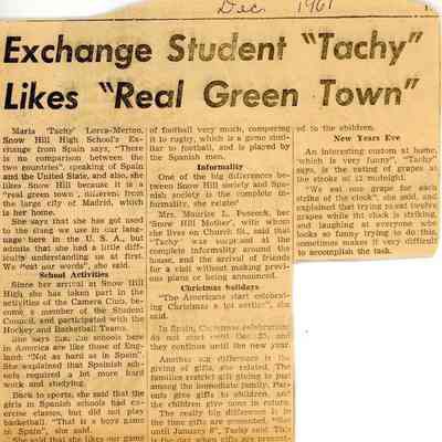 Newspaper clipping, “Exchange Student ‘Tachy’ Likes ‘Real Green Town," Dec. 1961