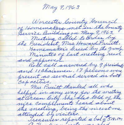 Minutes, Worcester County Homemakers Clubs, 1963-1968