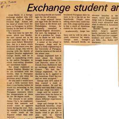 Newspaper clipping, “Exchange student arrives from Paraguay” (Jorge Maluf), Aug. 1974