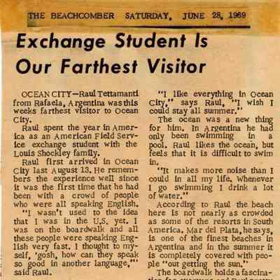 Newspaper clipping, “Exchange Student is Our Farthest Visitor” (Raul Tettamanti) June 28, 1969