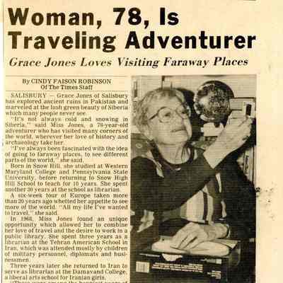Newspaper clipping, “Woman, 78, is Traveling Adventurer,” Feb. 16, 1986