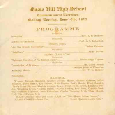 Commencement Program, Snow Hill High School, 1923
