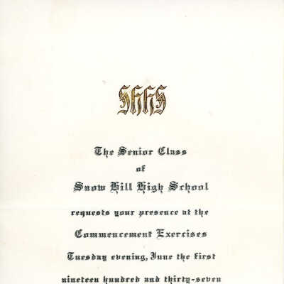 Commencement Invitation, Snow Hill High School, 1937