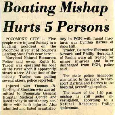 Newspaper clipping, “Boating Mishap Hurts 5 Persons,” Aug. 20, 1979