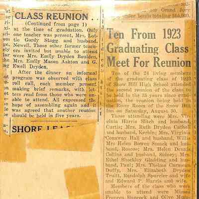 Newspaper clipping, “Ten From 1923 Graduating Class Met for Reunion”, Snow Hill High School, Aug. 30, 1958