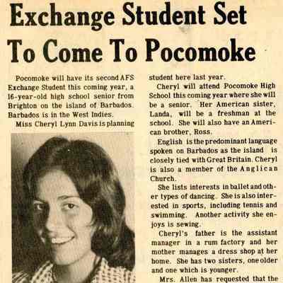 Newspaper clipping, “Exchange Student Set To Come To Pocomoke” (Cheryl Davis), 1976