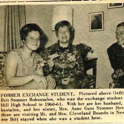 Newspaper clipping, “Former Exchange Student”, photograph of Brit Stomner Bohnstalen, Jan Bohnstalen, and Anne Guro Stonmer Hove, Apr. 1970