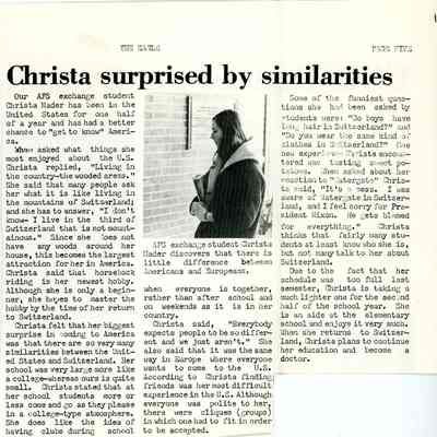 Newsletter clipping, The Eagle, “Christa Surprised by Similarities,” 1972