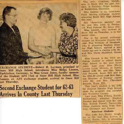 Newspaper clipping, “Second Exchange Student for 62-63 Arrives in County Last Thursday”, 1962