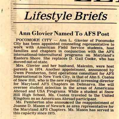 Newspaper clipping, “Ann Glovier Named to AFS Post,” Oct. 1, 1982
