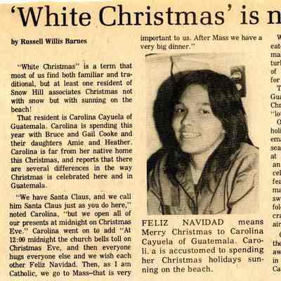 Newspaper clipping, “’White Christmas’ is not snow” (Carolina Cayuela), 1978-1979