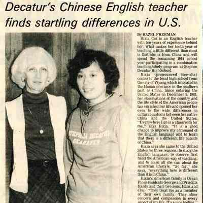 Newspaper clipping, “Decatur’s Chinese English teacher finds startling differences in U.S.,” Jan. 18, 1984
