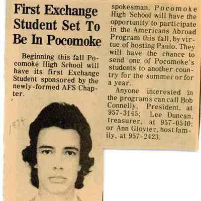 Newspaper clipping, “First exchange student set to be In Pocomoke” (Paulo Erdos), Aug. 22, 1974
